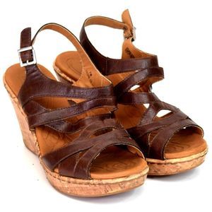 b.o.c Born Concept Cork Wedge Heel Sandals Womens Size 7M Brown Buckle Open Toe